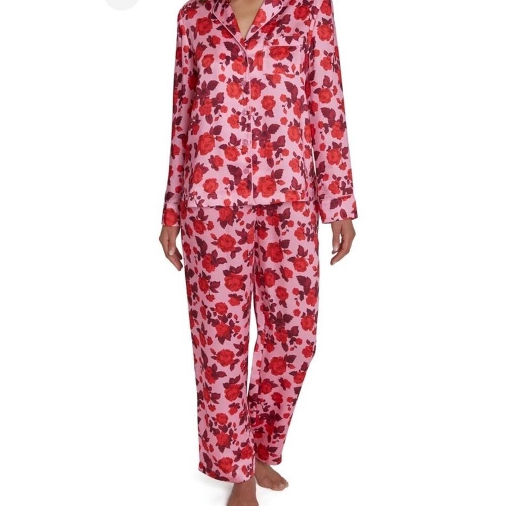 2 Piece Ladies Size Large Loft Pajamas Pink Roses Satin Notch Collar